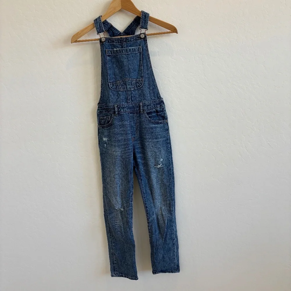 Gap Kids Distressed Overalls in a medium wash denim, Size L